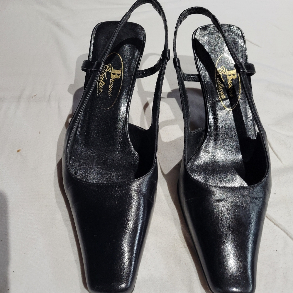 Black Square toe kitten heel slings.  SIZE 4